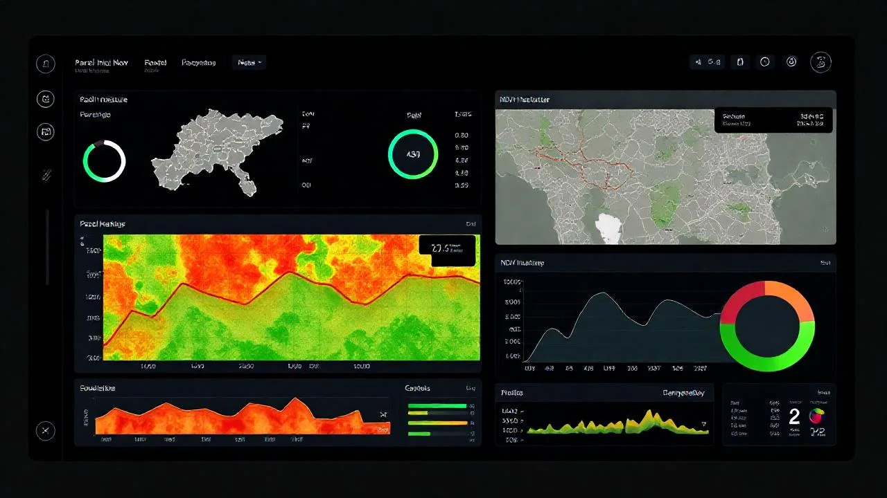 Hassas tarim IoT dashboard ekrani, parsel haritasi ve sensor verileri
