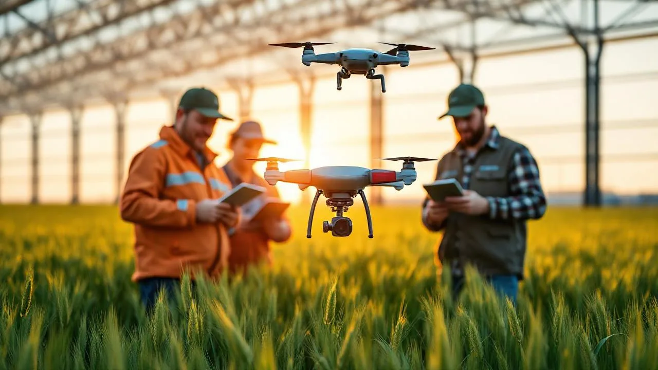Tarim arazisinde drone ile saha incelemesi yapan ziraat muhendisleri