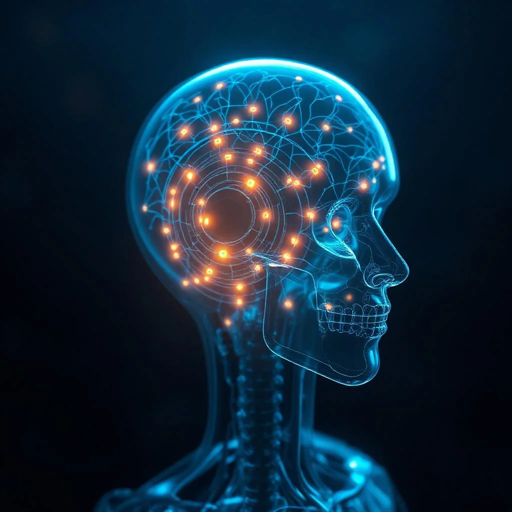 AI agent kafasındaki katmanlı bellek mimarisi: cyan neural ağ ve amber hafıza düğümleri