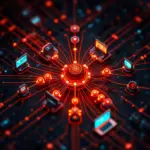 Claude API ajan orkestrasyon merkezi tool use ve computer use yonlendirme tendrilleri ile dark obsidian arka planda deep orange ve cyan accent isiklari