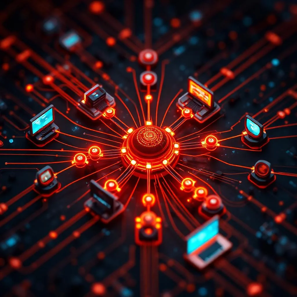 Claude API ajan orkestrasyon merkezi tool use ve computer use yonlendirme tendrilleri ile dark obsidian arka planda deep orange ve cyan accent isiklari