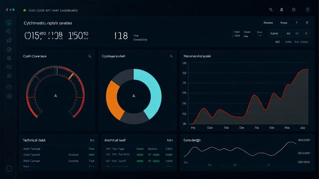 Code quality dashboard ekrani, SonarQube tarzi metric kartlari
