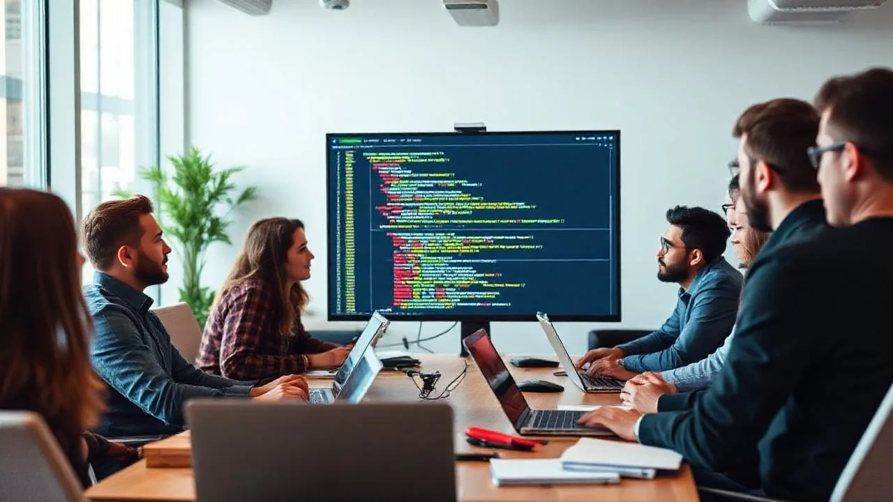 Yazilim ekibi code review oturumu, ekran paylasimi ile incelme