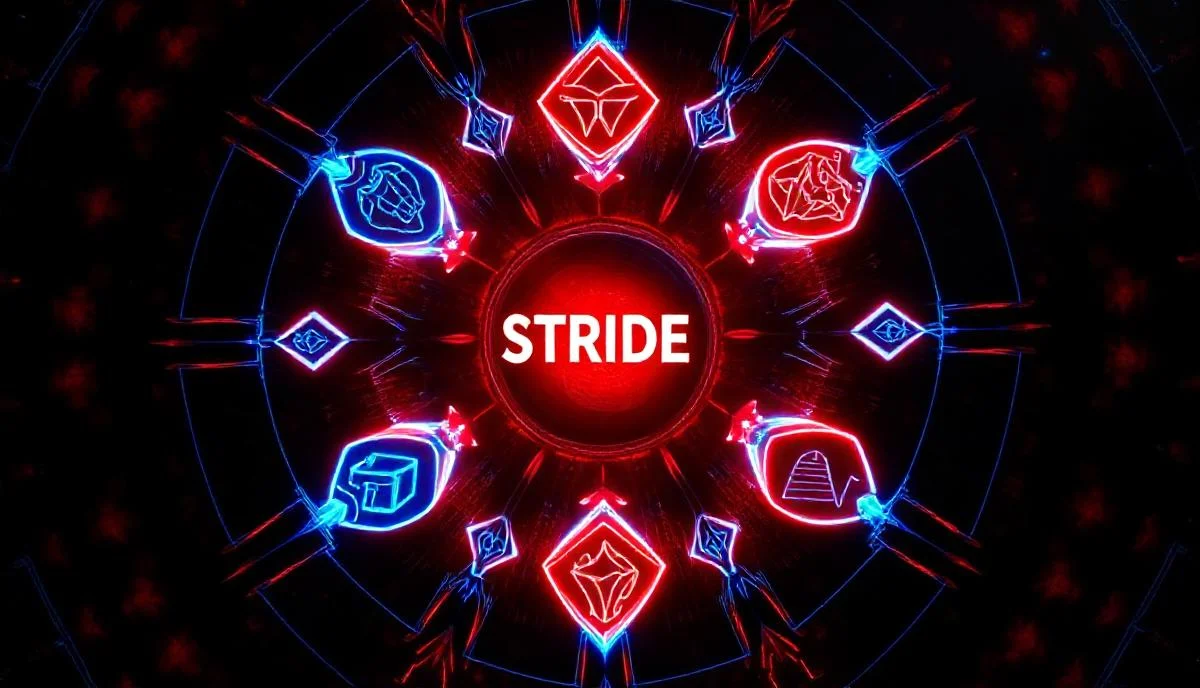 STRIDE threat modeling altı kategori radial diyagram: spoofing tampering repudiation information disclosure DoS elevation crimson cyan paletinde