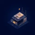 Dijital donusum KPI cercevesini gosteren kurumsal yonetim panosu izometrik gorseli koyu lacivert altin accent