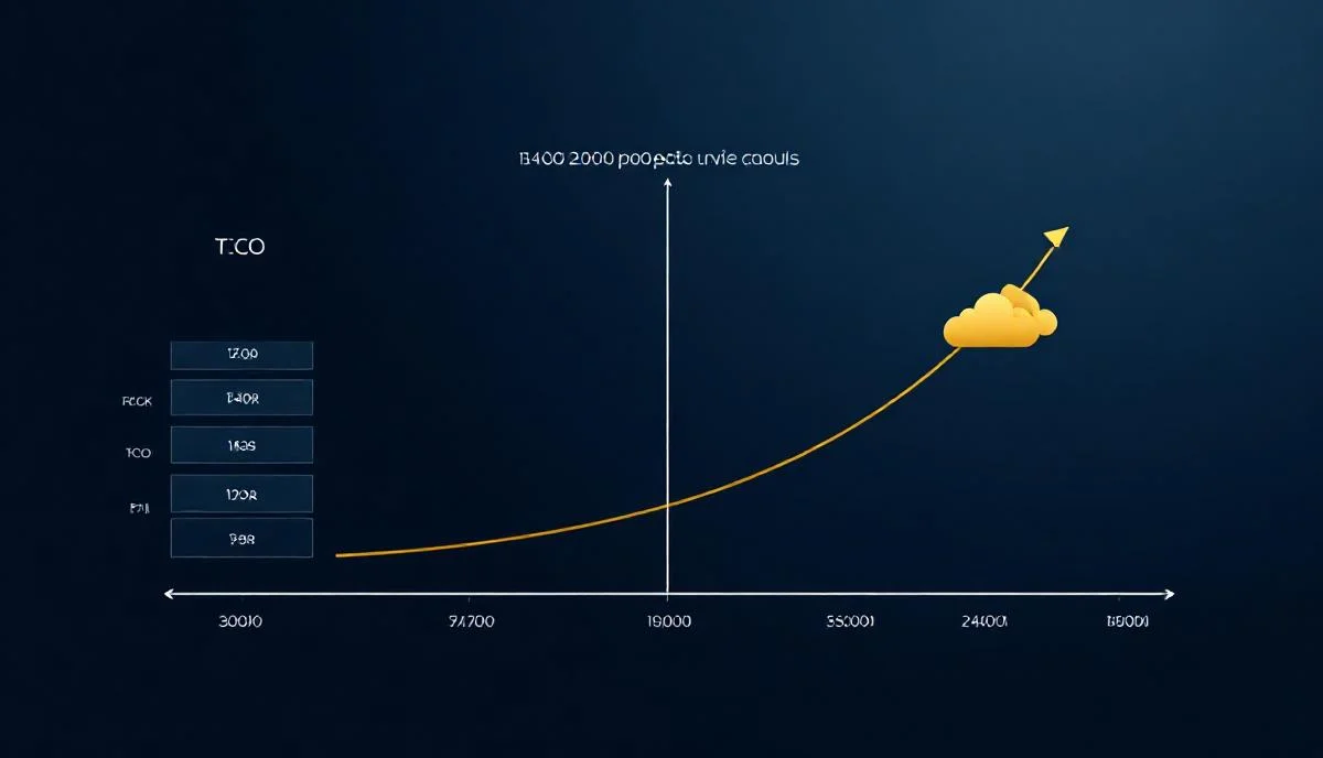 TCO ve ROI hesaplama matrisi bes yillik teknoloji yatirim grafigi yukselen trajectory koyu lacivert altin