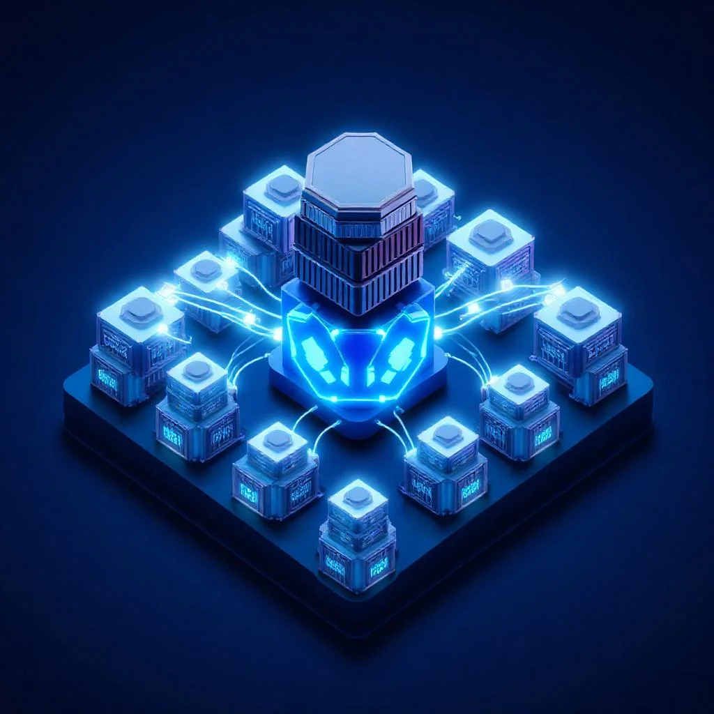 Docker ve Kubernetes mimarisinin izometrik kontrol duzlemi gorseli koyu mavi cyan paletle