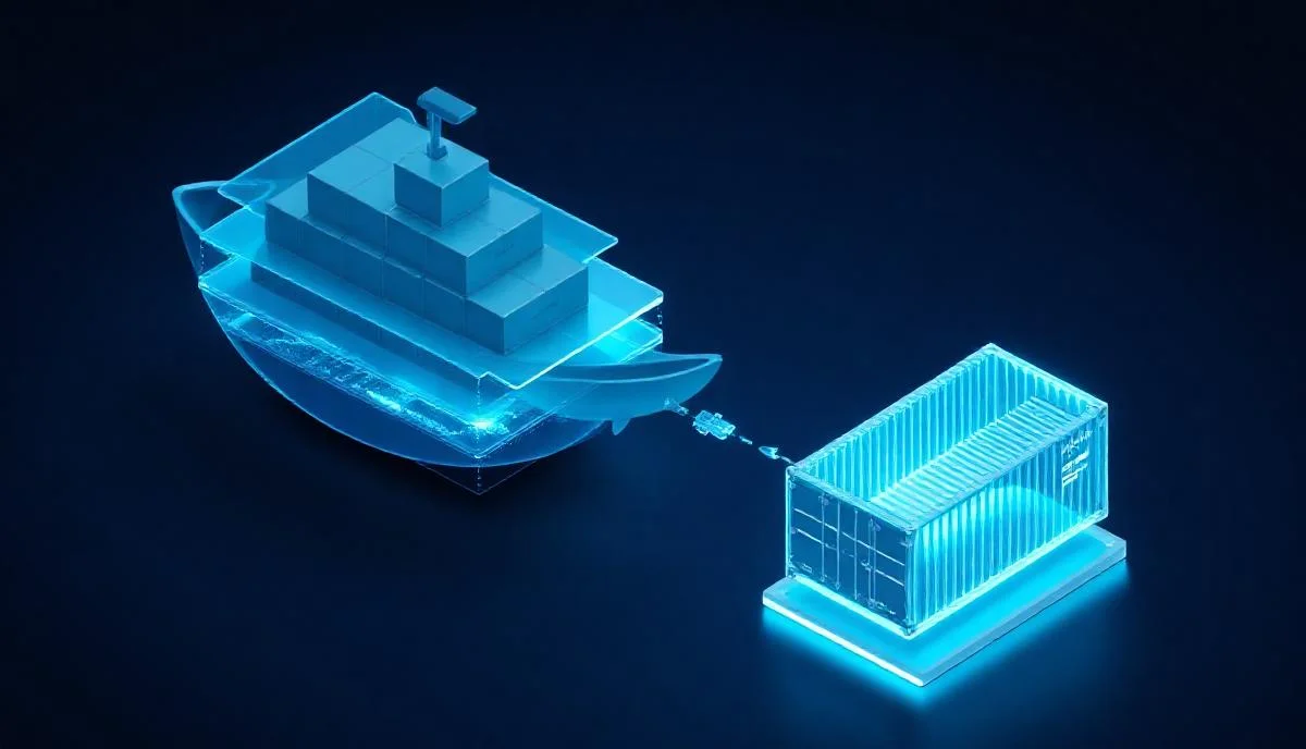Multi-stage Docker imaj katmanlarinin slim runtime'a kadar incelmesini gosteren izometrik diyagram