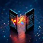Flutter Impeller engine, iOS ve Android telefonlara tek kod tabanından akan veri akışları, dark navy cyan amber