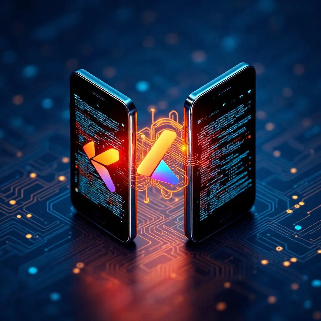 Flutter Impeller engine, iOS ve Android telefonlara tek kod tabanından akan veri akışları, dark navy cyan amber