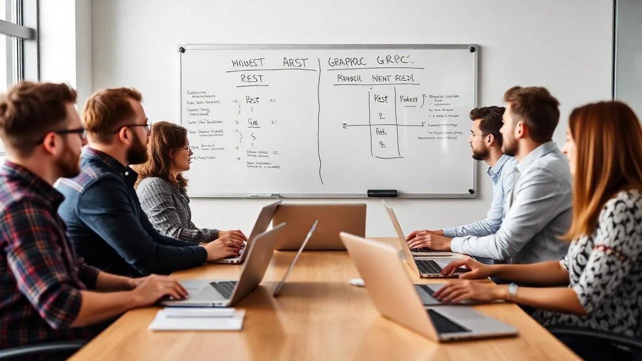 Backend ekibi API protokol kararini tartisiyor, beyaz tahta diagramlari