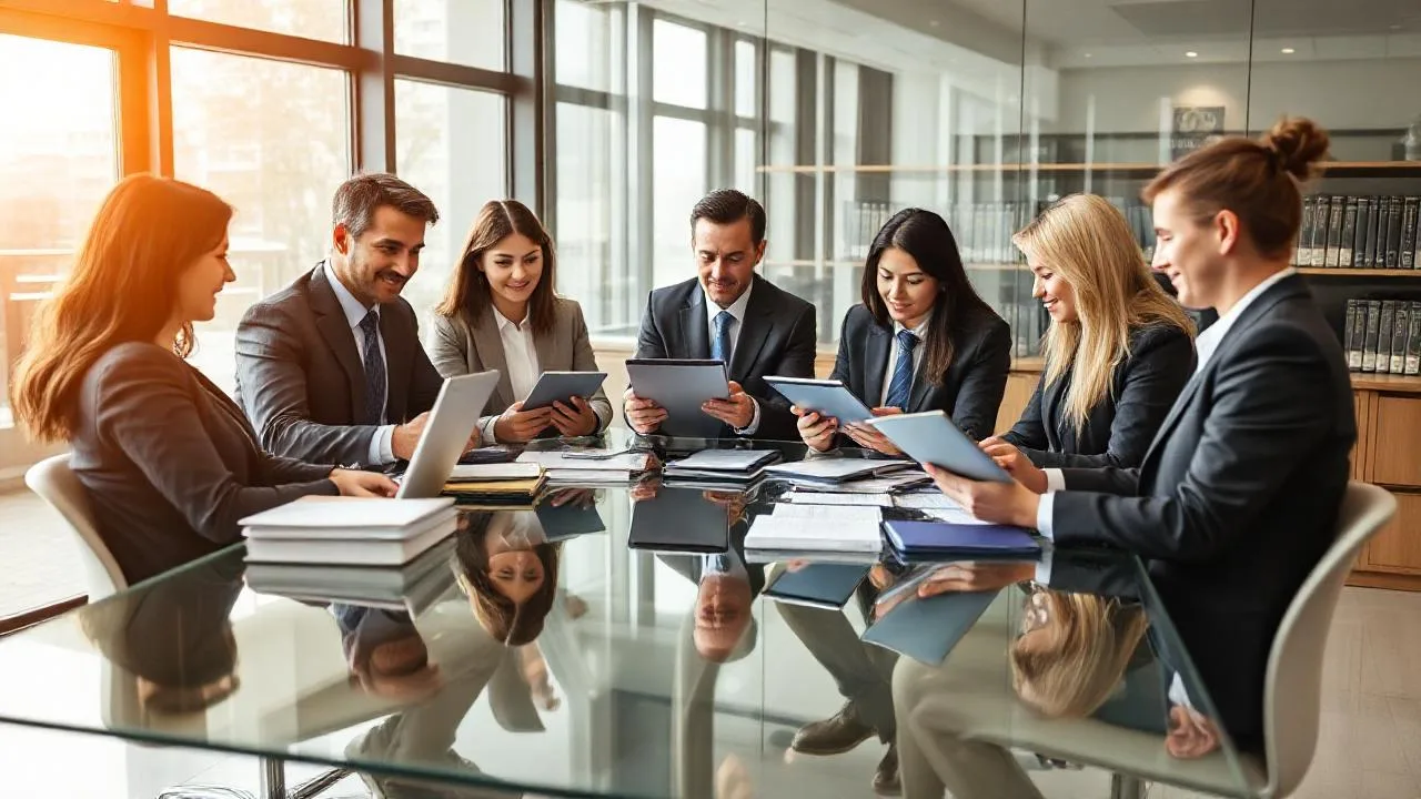 Avukatlar modern hukuk bürosunda dijital dava dosyalarını incelerken