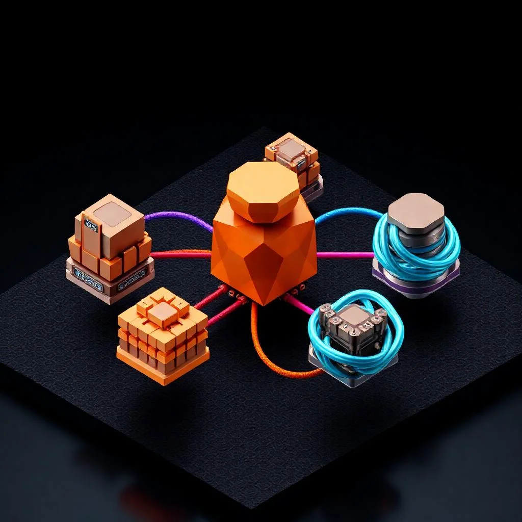 MCP topology: host at center connected to multiple MCP servers via stdio and HTTP transports with primitive streams