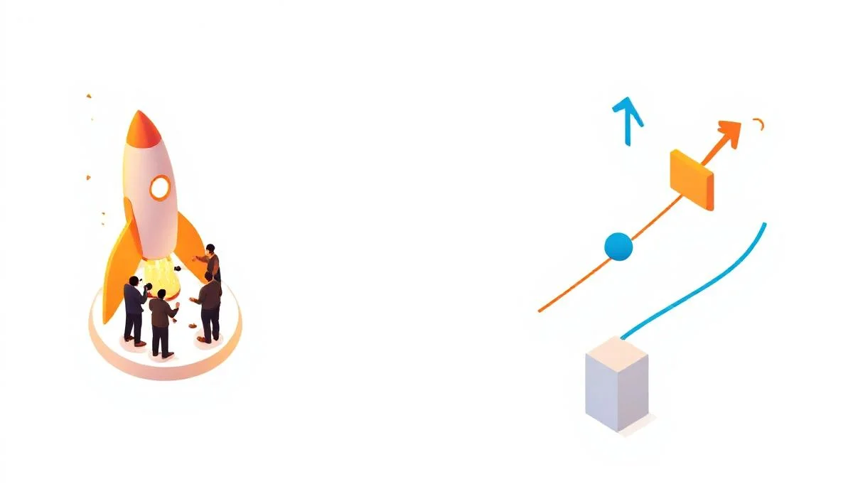 MVP launch günü ve scale pivot kill üçlü karar matrisi temsili izometrik startup ekip sahnesi