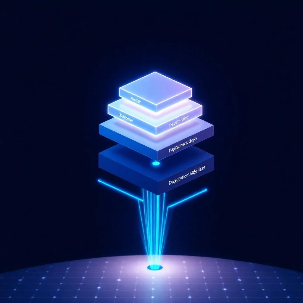 Next.js 14 App Router SaaS mimarisinin auth, veritabanı, ödeme ve deploy katmanlarını gösteren izometrik mimari diyagram