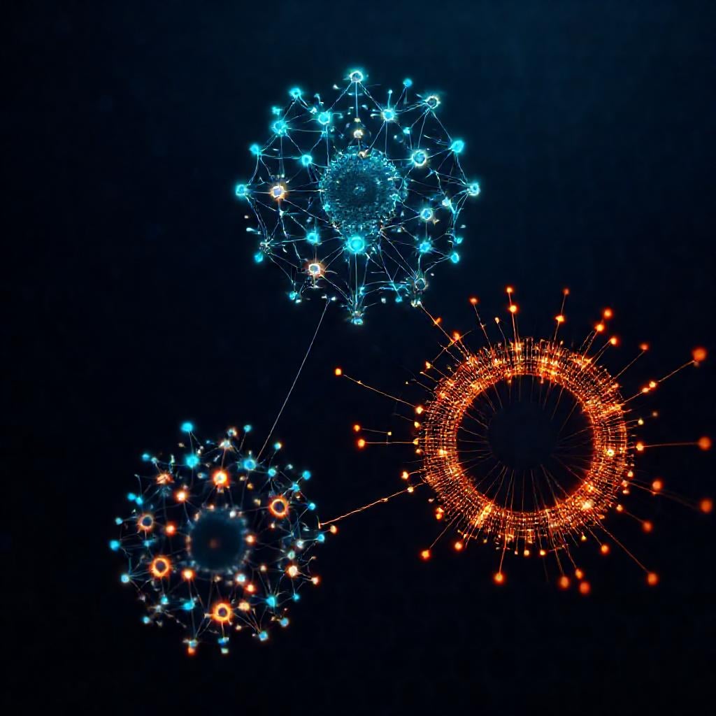 MongoDB Redis ve Cassandra NoSQL veritabanı seçimini temsil eden uc soyut veri kumesi gorseli