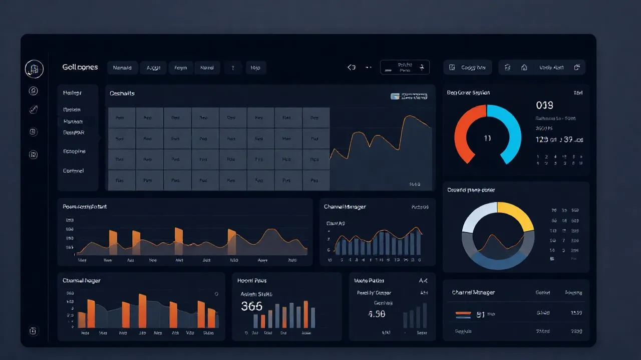 Otel PMS dashboard: oda durumu, doluluk grafigi, RevPAR ve ADR widget'lari