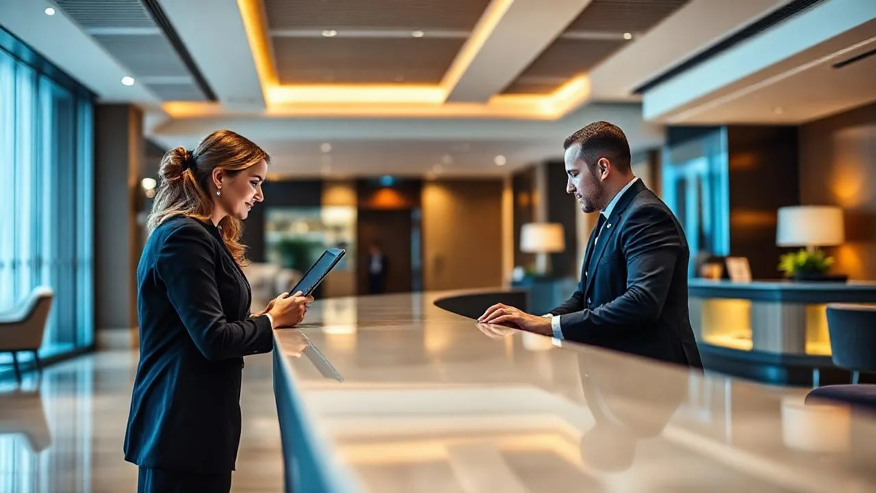 Modern otel lobisinde tablet ile check-in yapan misafir ve resepsiyon