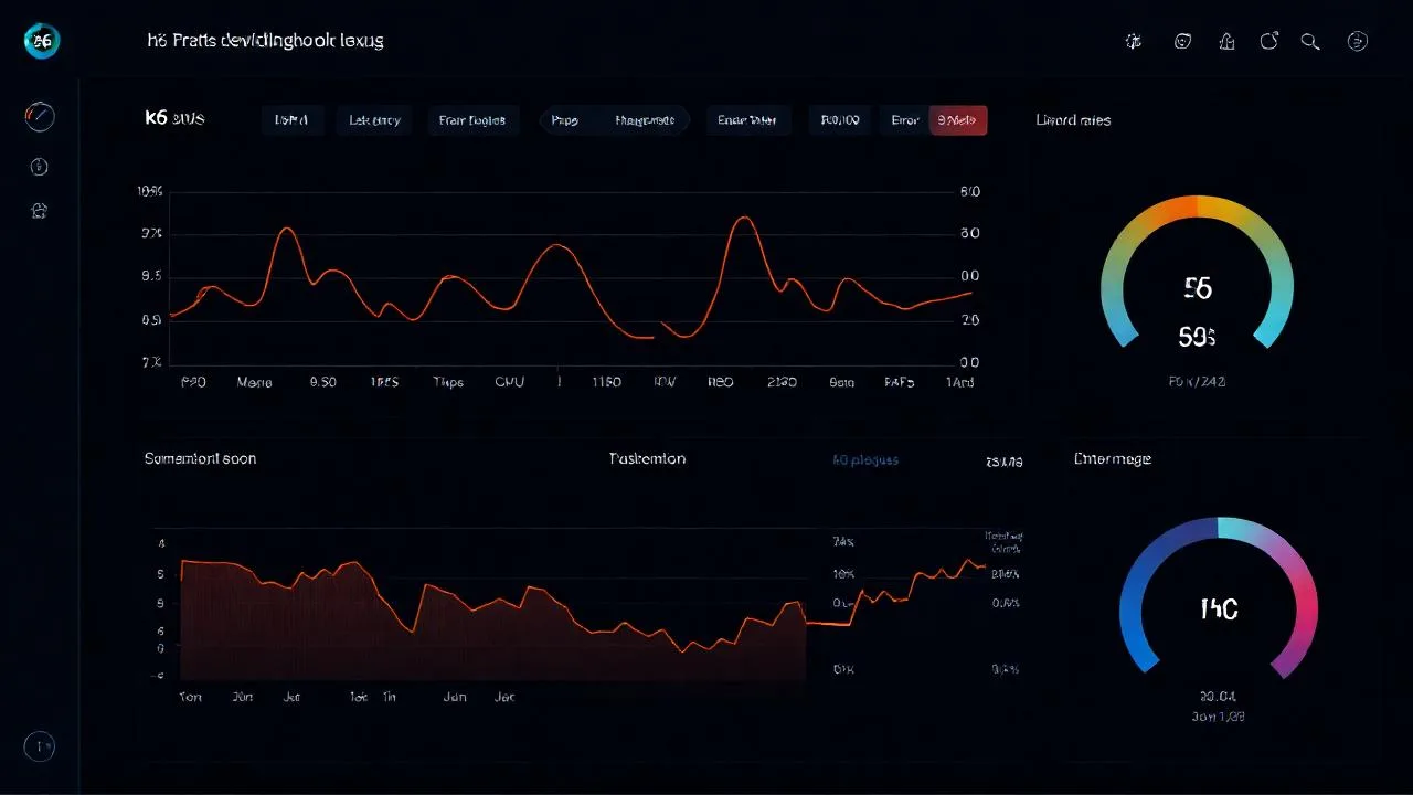 k6 load test dashboard'u, p99 latency ve RPS grafikleri