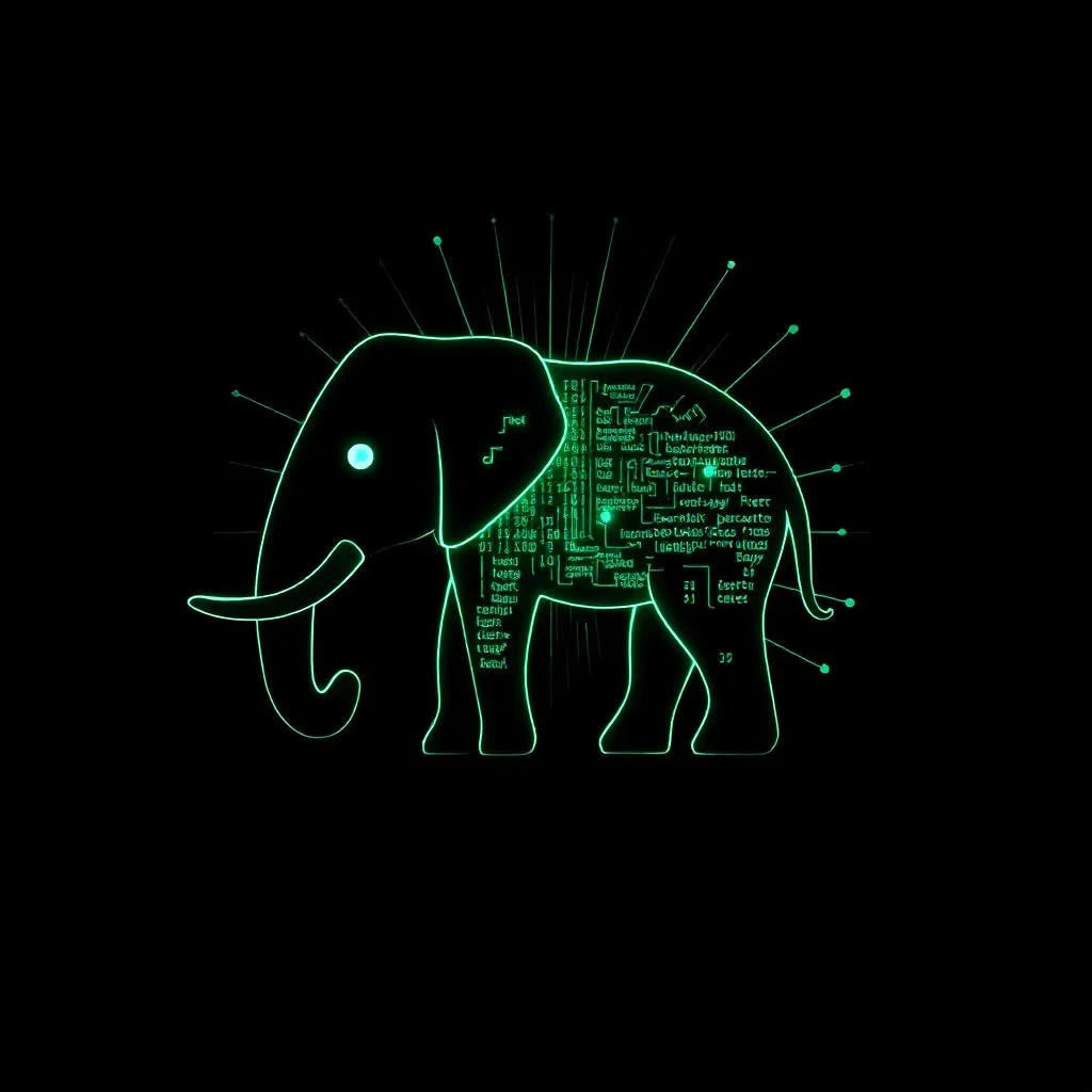 PostgreSQL 17 fil silueti ve icinde parlayan veritabani yapisi, B-tree GIN GiST indeks gorsellestirmeleri disa dogru yayiliyor, lacivert zumrut yesili cyan palet