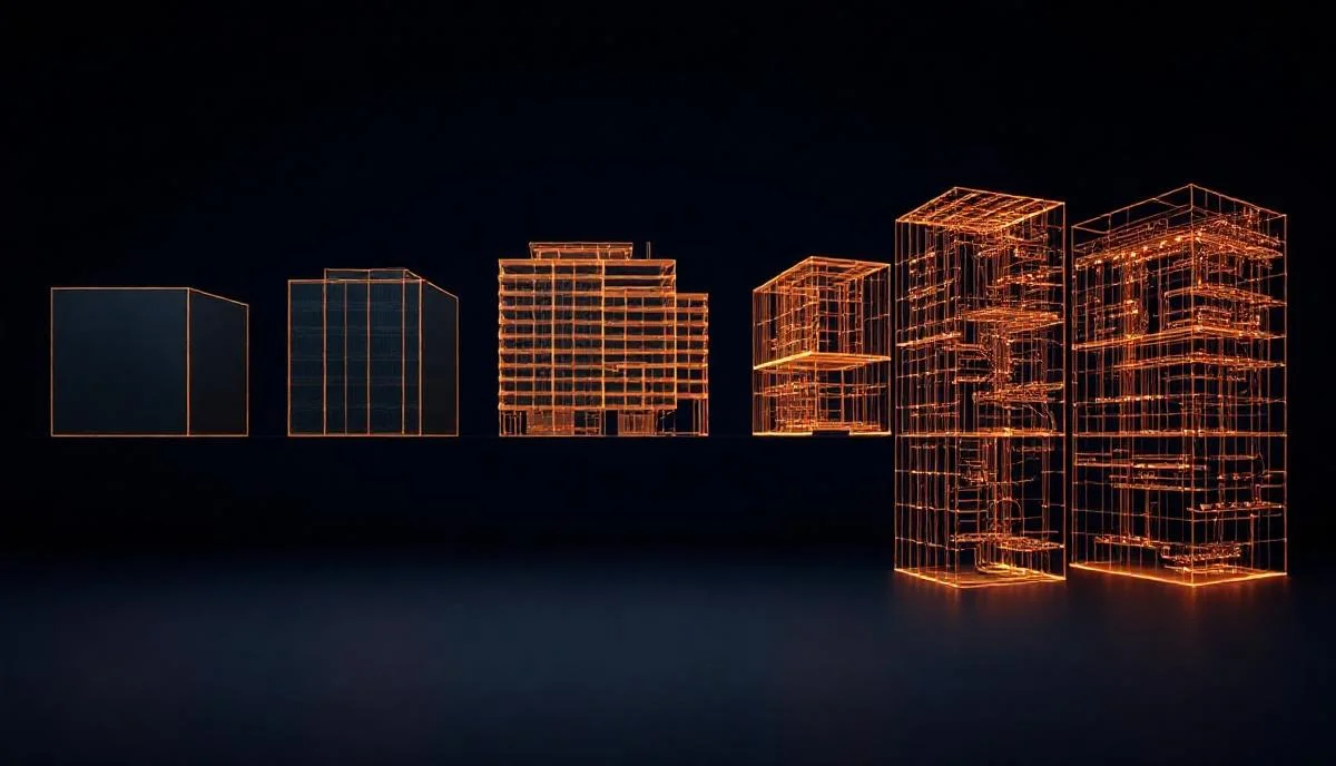 BIM LOD 100 ile LOD 500 arası evrim: aşamalı zenginleşen 3B bina wireframe'leri