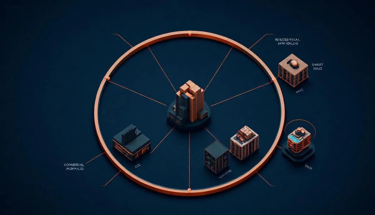 PropTech beş kategori taksonomisi: dairesel düzende stilize bina ikonları