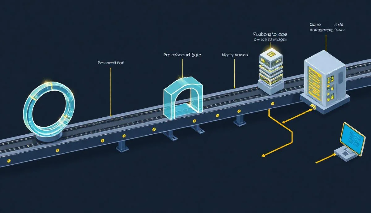 CI/CD pipeline tip kontrol kapıları aşamalı doğrulama hattı izometrik şema