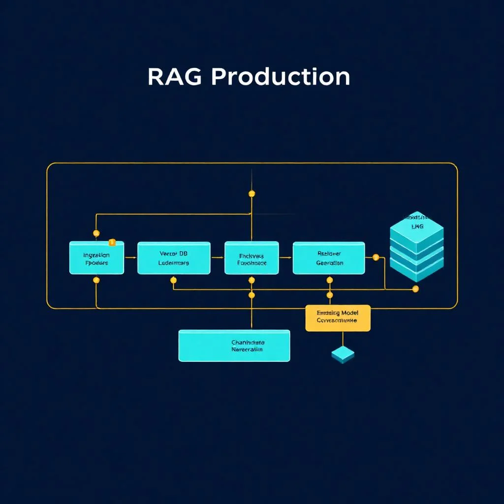 RAG üretim sistemi mimarisi: ingestion, vector DB ve LLM katmanlarının yedi adımlı izometrik akış diyagramı
