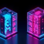 Iki paralel React full-stack framework runtime mimarisinin yan yana isometric kesit gorunumu, sol tarafta server stream akisi sag tarafta client hydration katmanlari