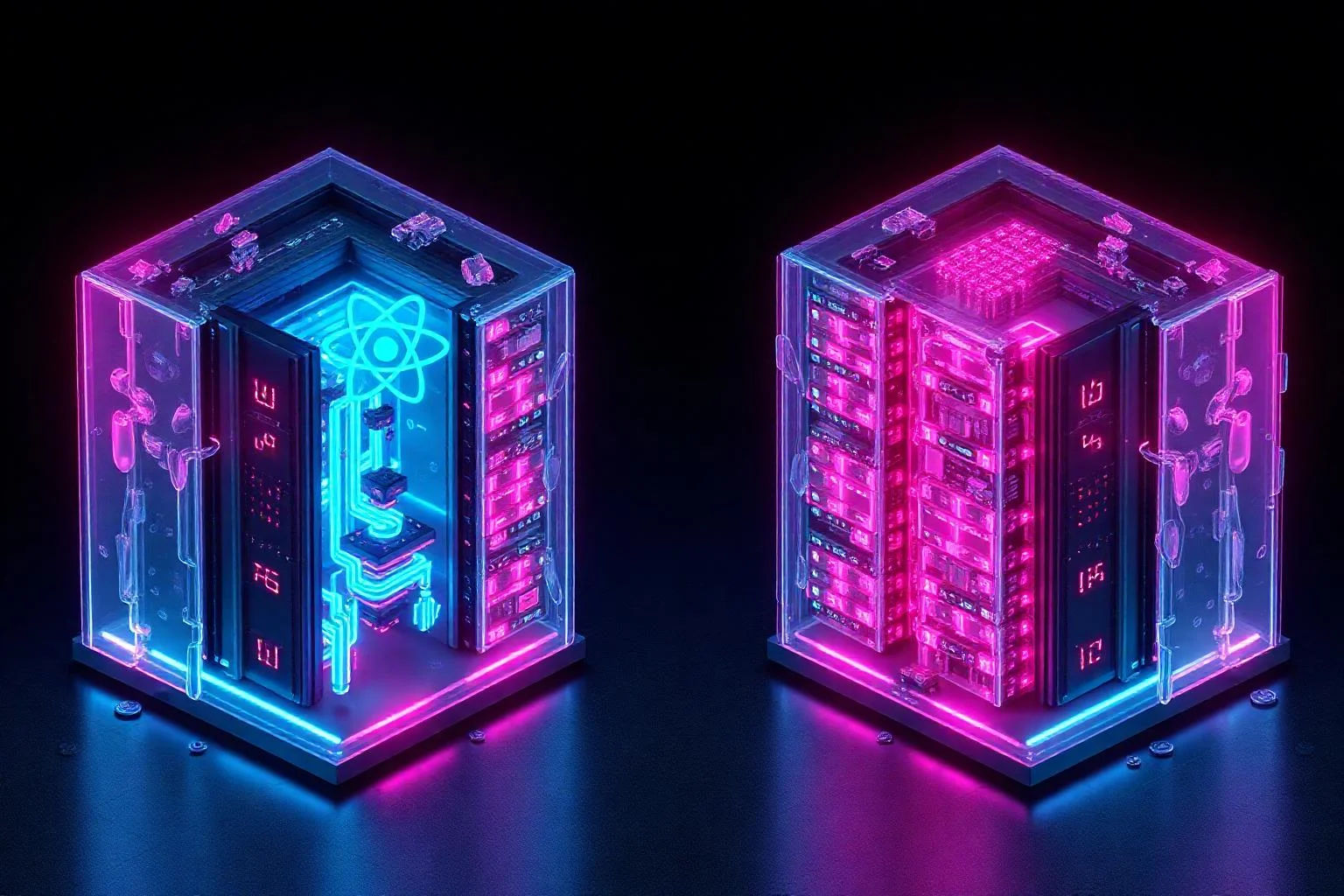 Iki paralel React full-stack framework runtime mimarisinin yan yana isometric kesit gorunumu, sol tarafta server stream akisi sag tarafta client hydration katmanlari