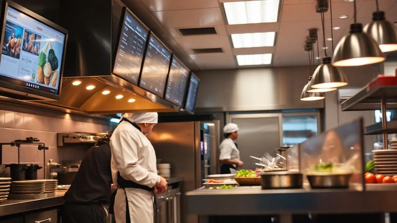 QSR restoran mutfağında kitchen display ekrani ile çalışan şefler