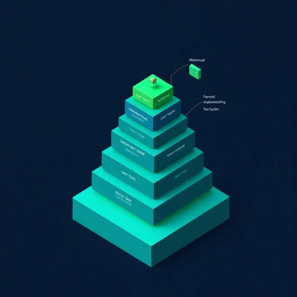 Test piramidi dört katmanlı izometrik diyagram unit integration e2e manuel test dağılımı