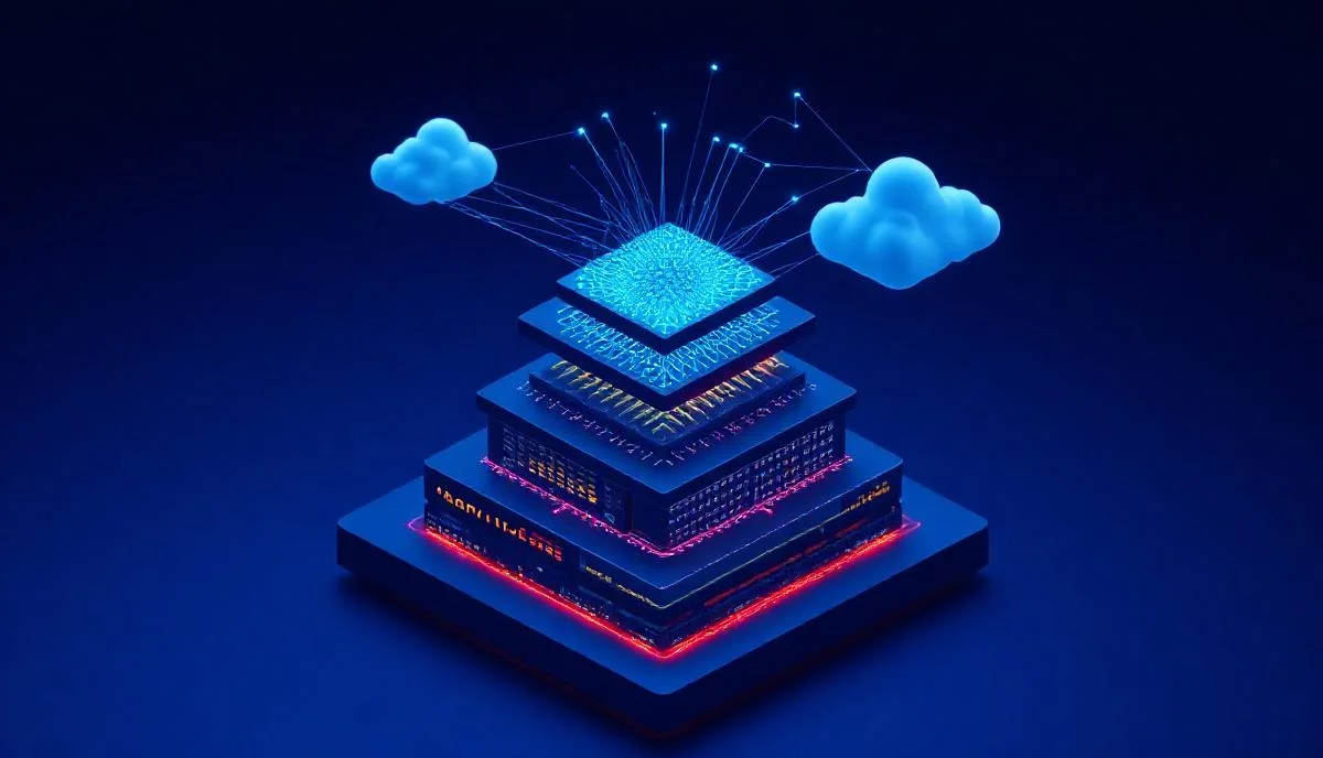 AI katmanı mimarisinin semantic layer ve orchestration bileşenleri izometrik gösterimi