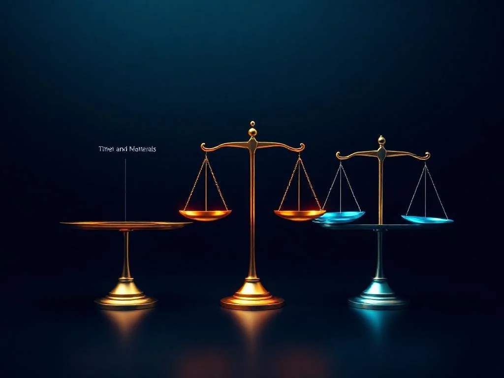 T&M, Fixed Price ve Hybrid yazılım sözleşme tiplerinde risk dağılımını gösteren denge görselleri