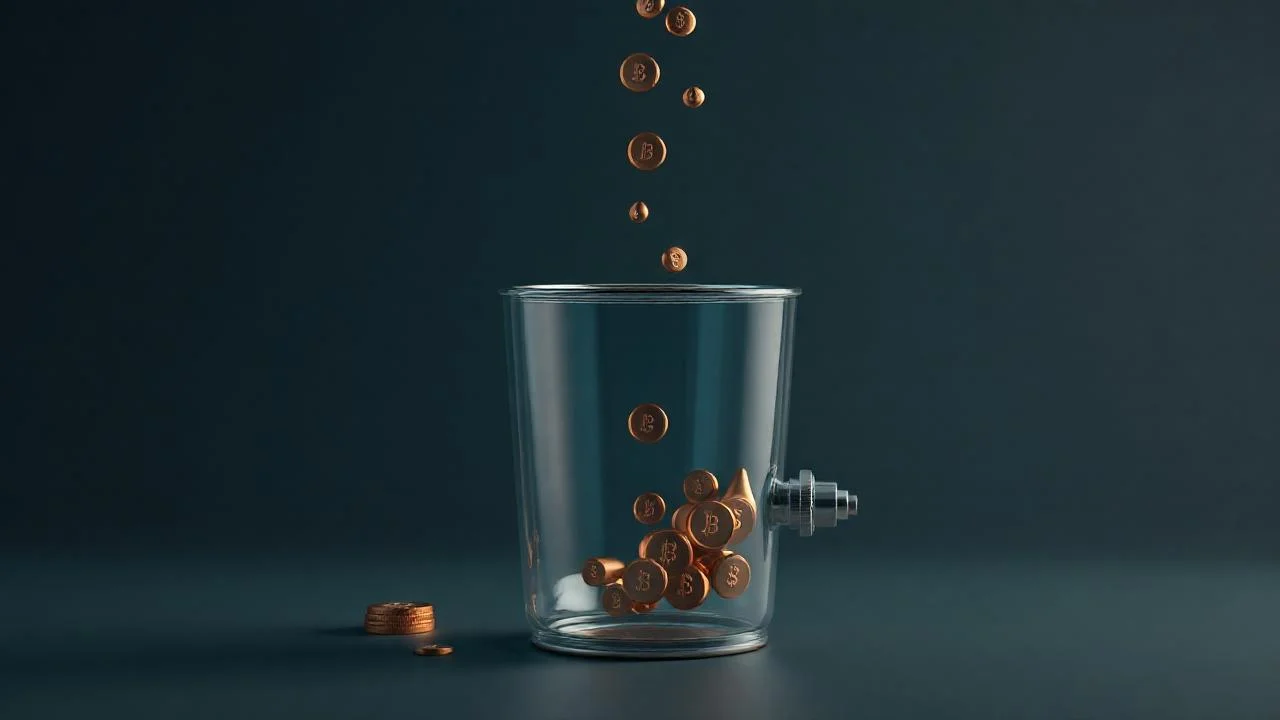 Token bucket algoritmasını gösteren sabit hızda dolan kova ve token akışı