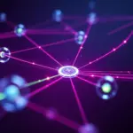 WebRTC realtime iletisim mimarisi soyut 3D gorsellestirme indigo magenta