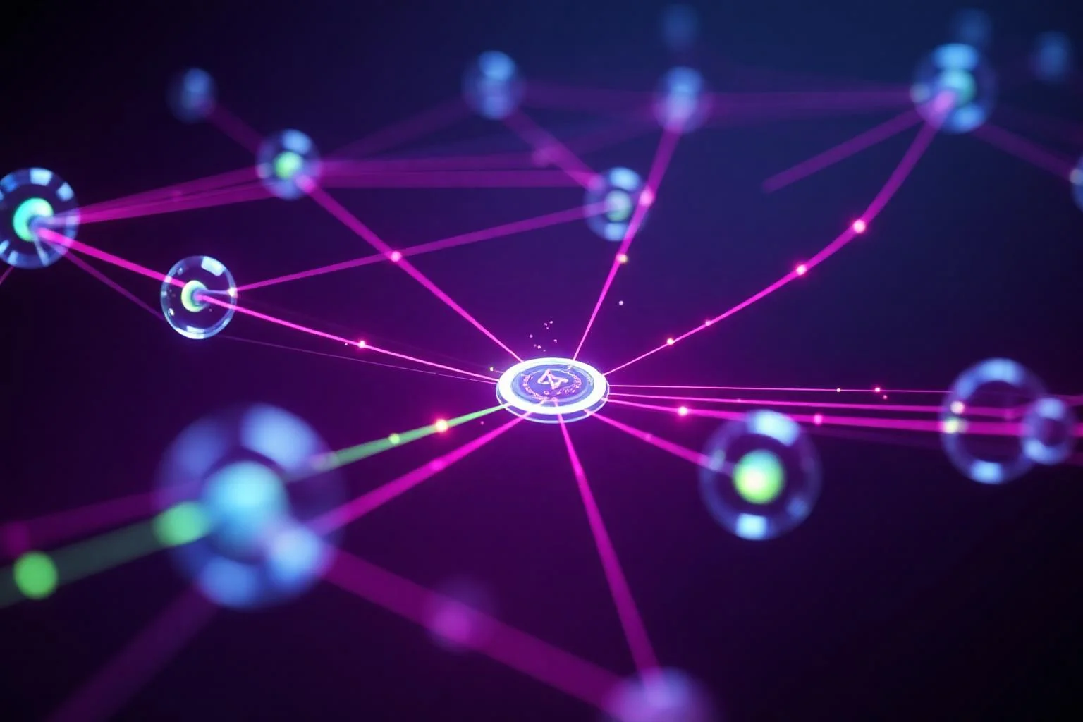 WebRTC realtime iletisim mimarisi soyut 3D gorsellestirme indigo magenta