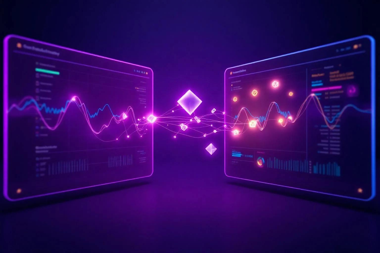 LangWatch ve LangSmith LLM observability platformlarının soyut 3D karşılaştırması
